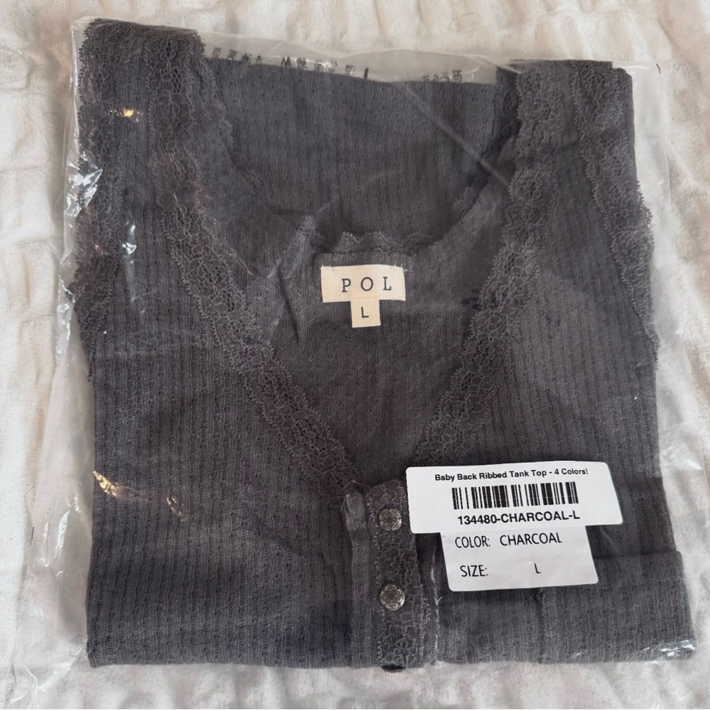 Women's New POL Gray Ribbed Lace Trim Henley Tank Top L - Picture 7 of 8